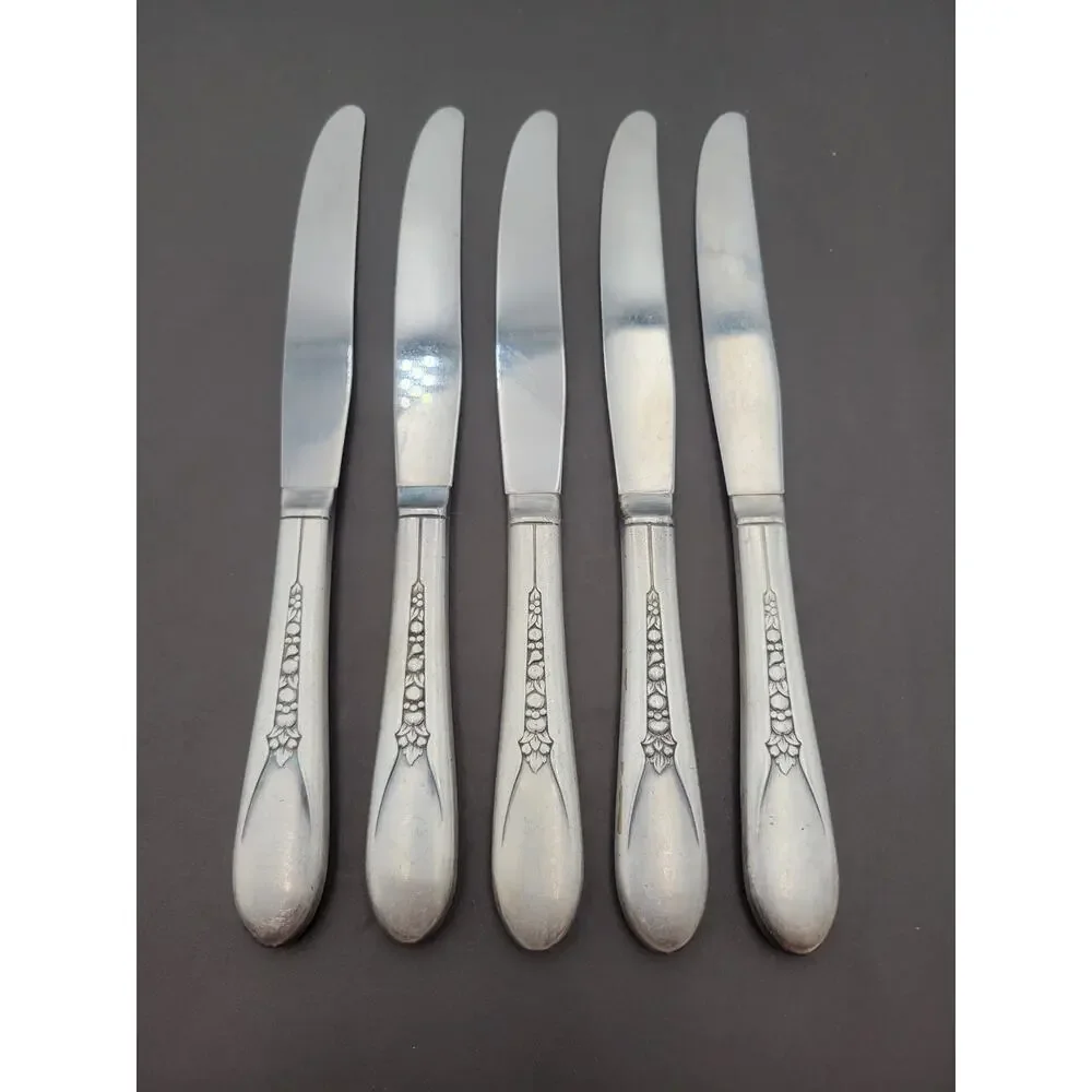 WM Rogers Mfg Set 5 Dinner Knives PRISCILLA LADY ANN Silverplate Flatware Vtg